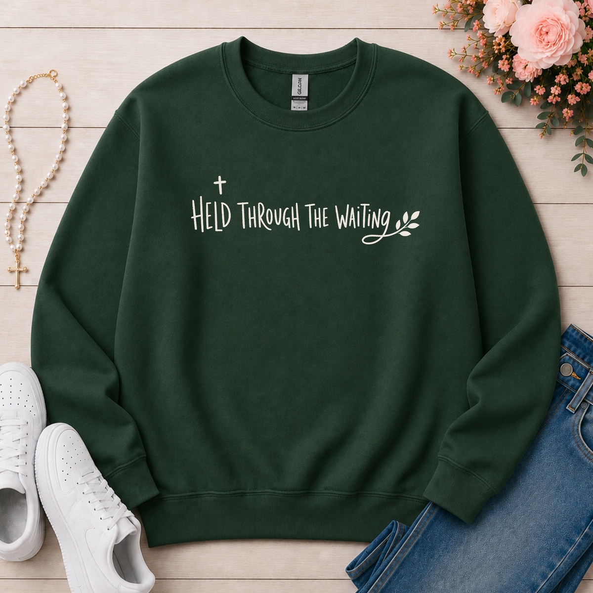 Held Through the Waiting Christian Crewneck Sweatshirt in Forest Green