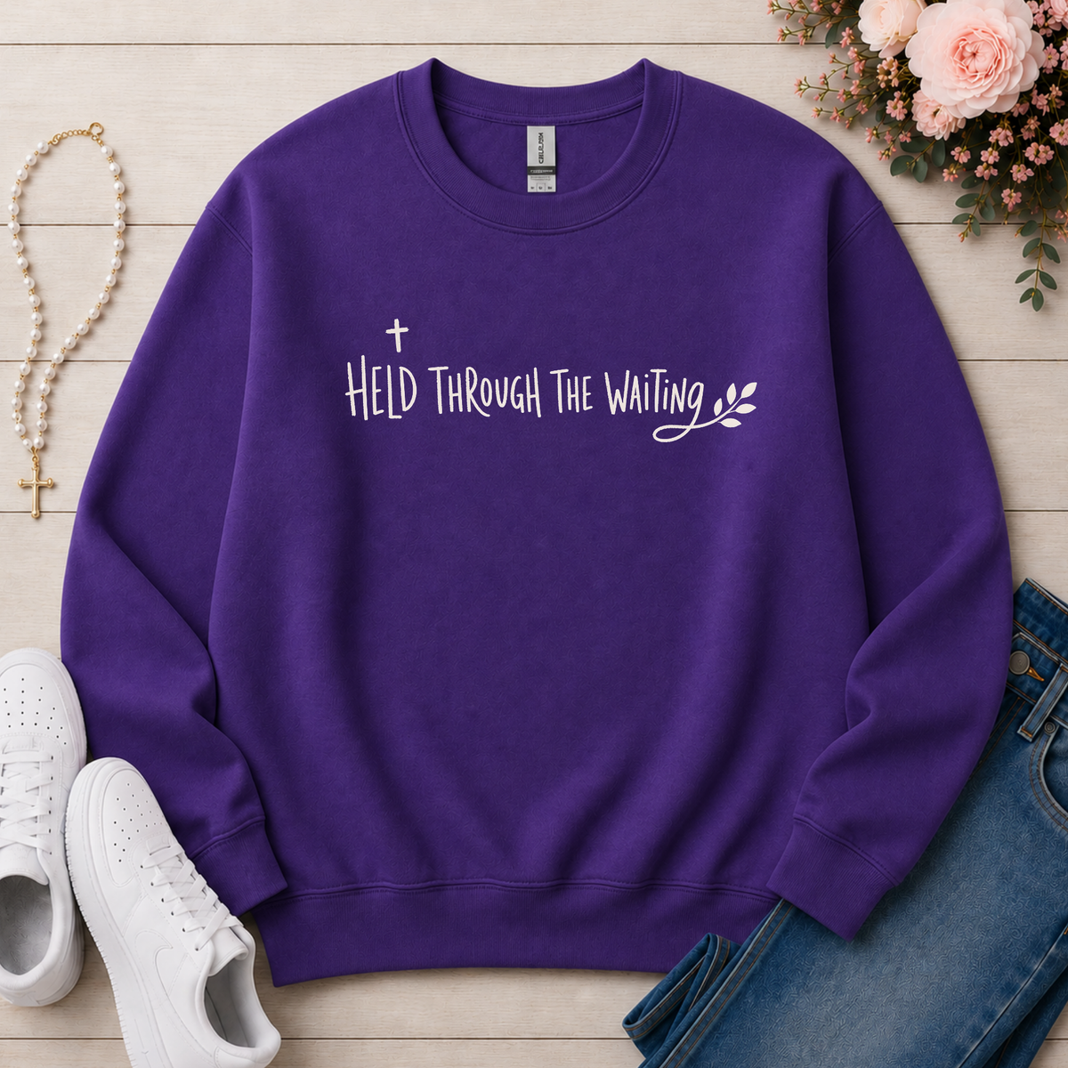 Held Through the Waiting Christian Crewneck Sweatshirt in Purple