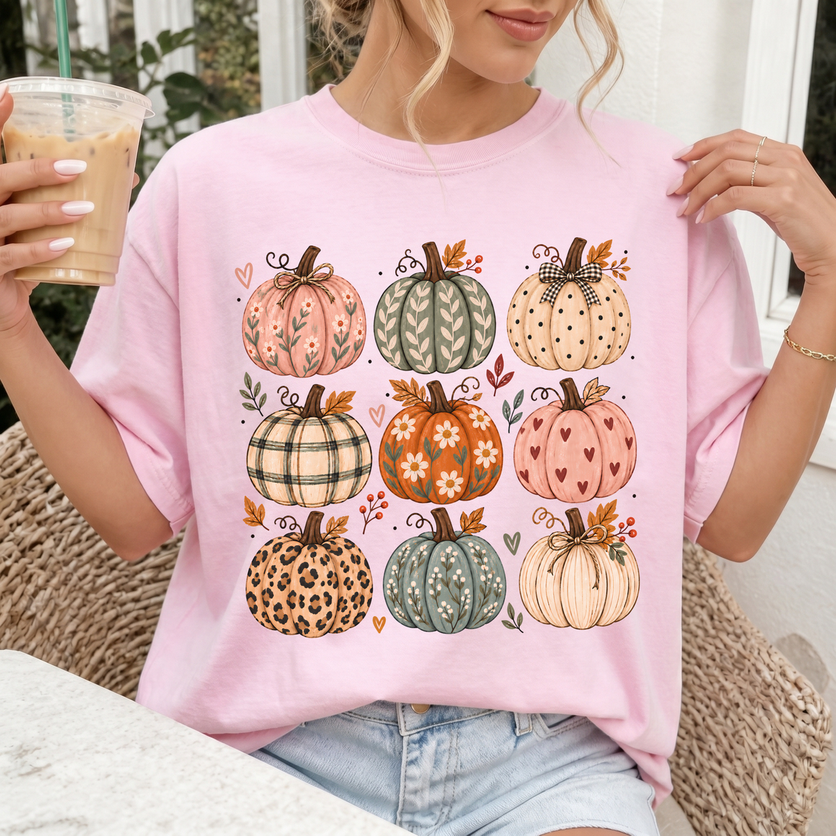 Woman wearing Cozy Pumpkins Comfort Colors T-Shirt in Blossom