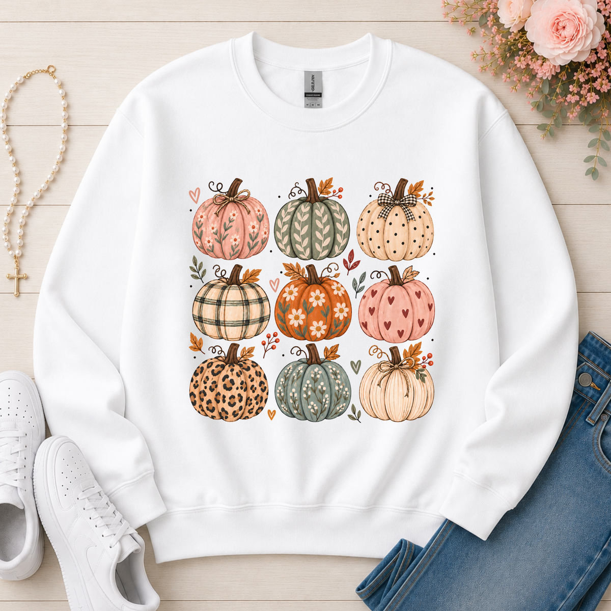 Cozy Pumpkins Fall Crewneck Sweatshirt in White