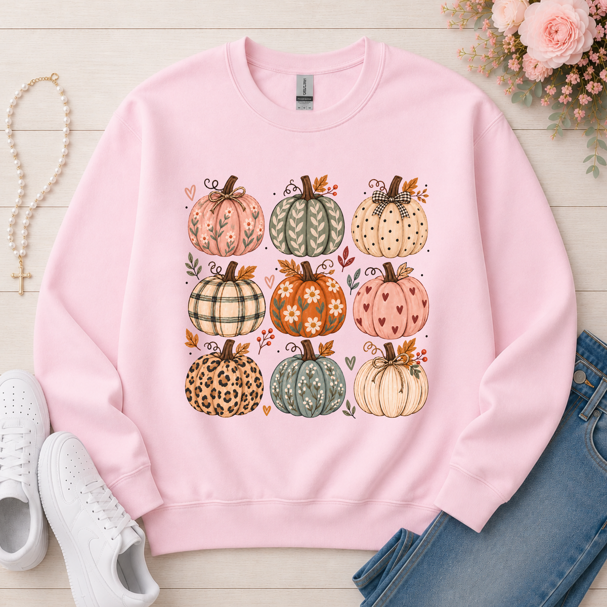 Cozy Pumpkins Fall Crewneck Sweatshirt in Light Pink