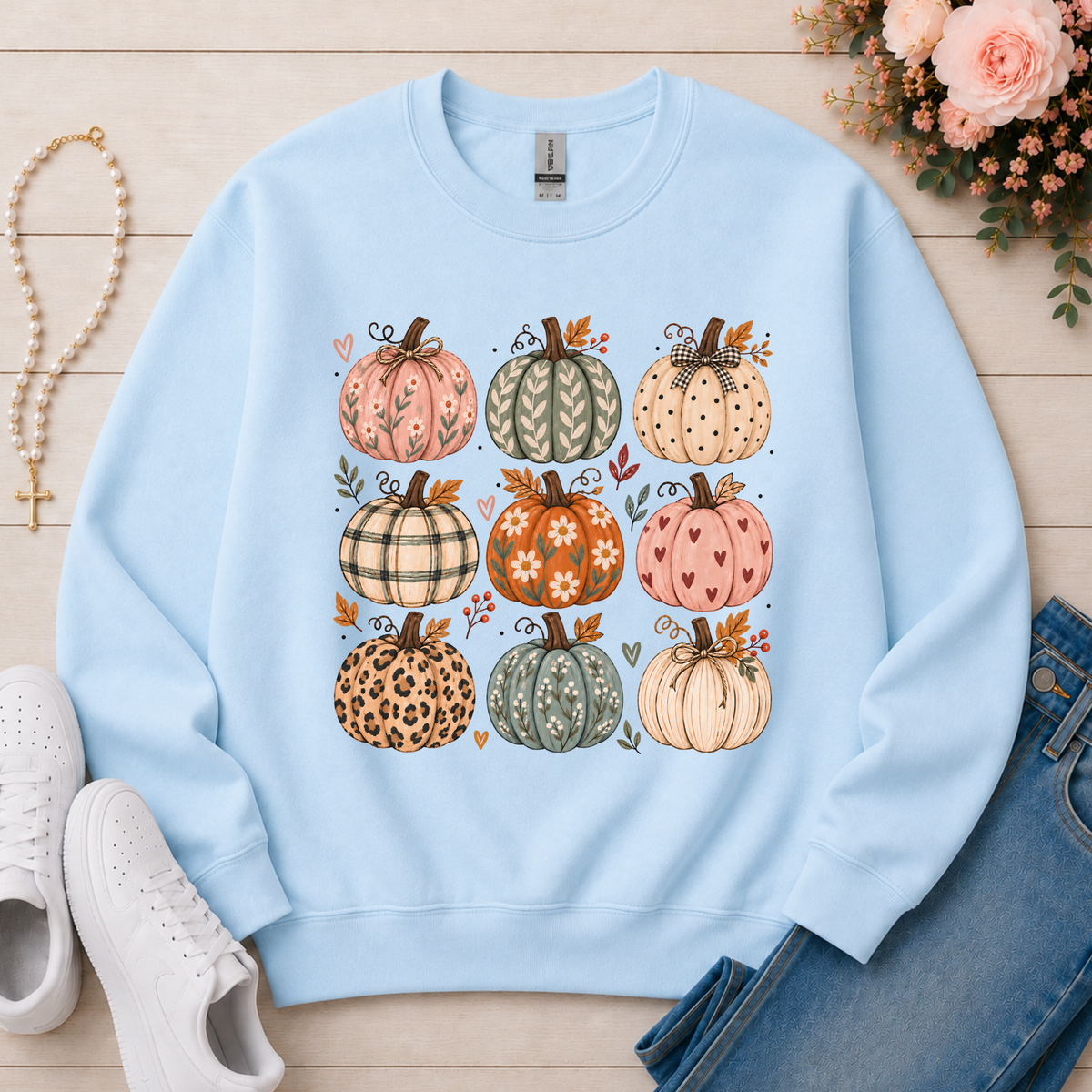 Cozy Pumpkins Fall Crewneck Sweatshirt in Light Blue