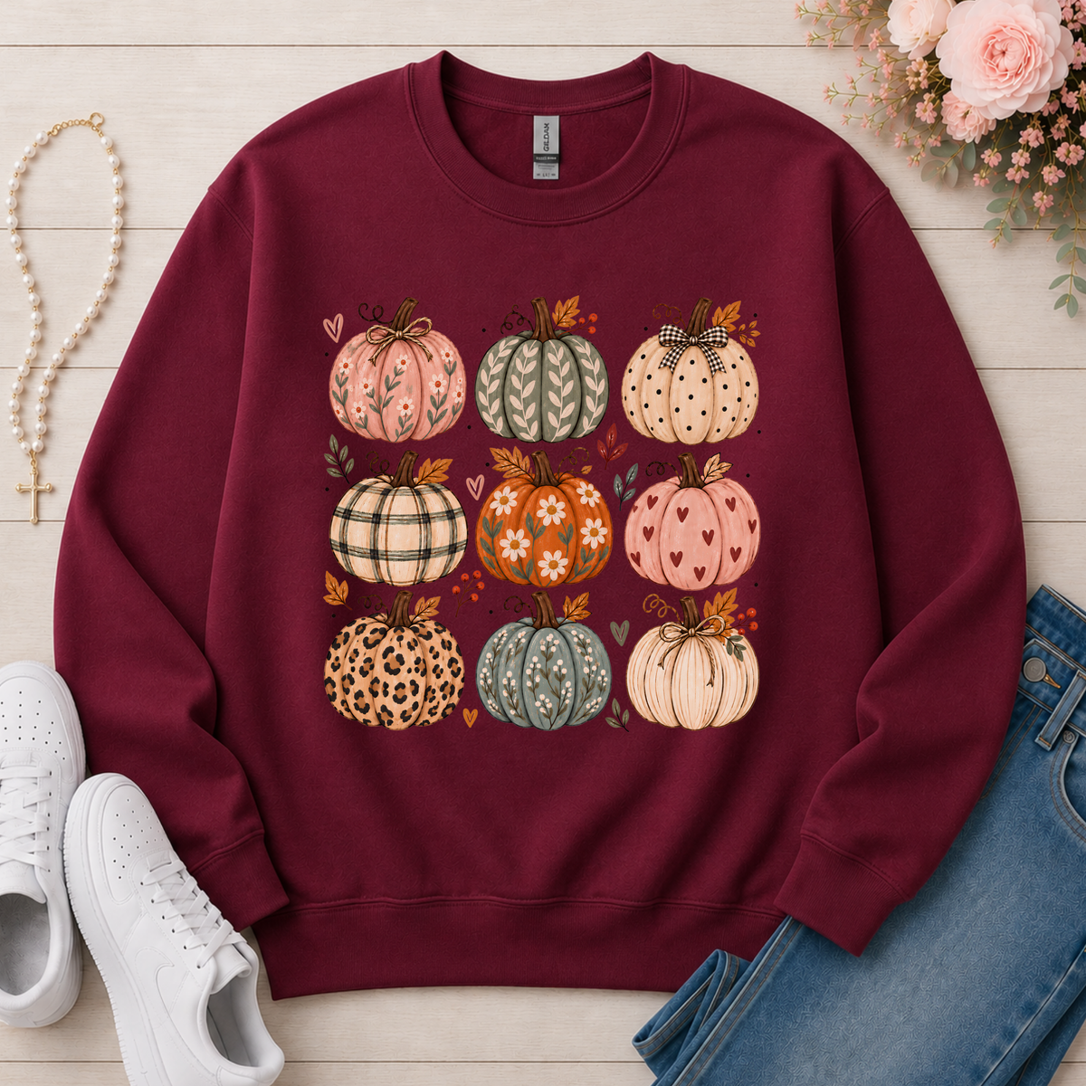 Cozy Pumpkins Fall Crewneck Sweatshirt in Maroon