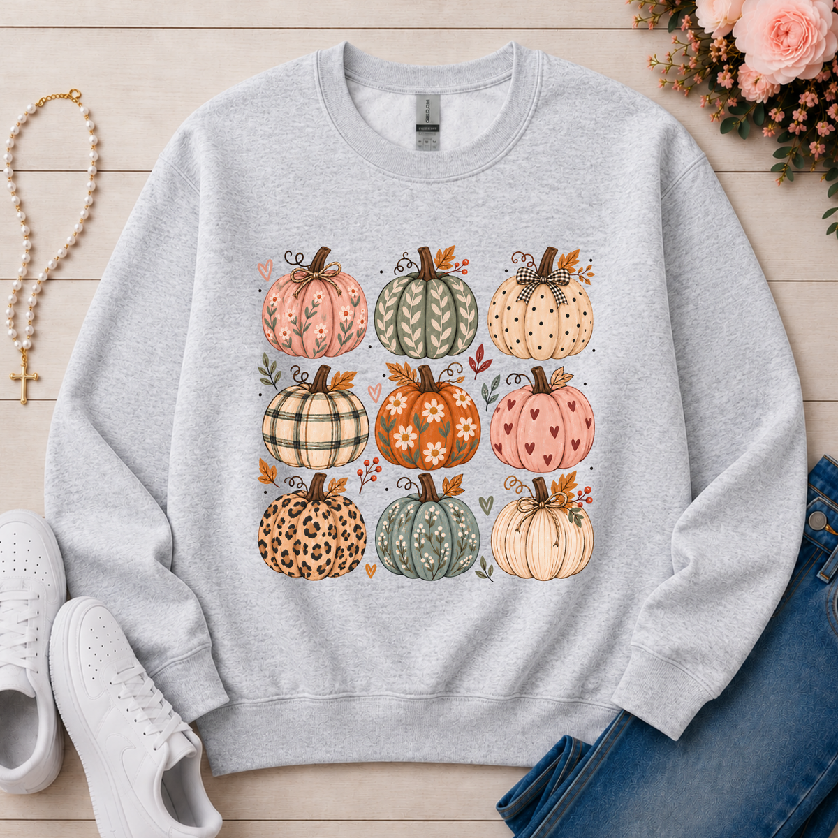 Cozy Pumpkins Fall Crewneck Sweatshirt in Ash