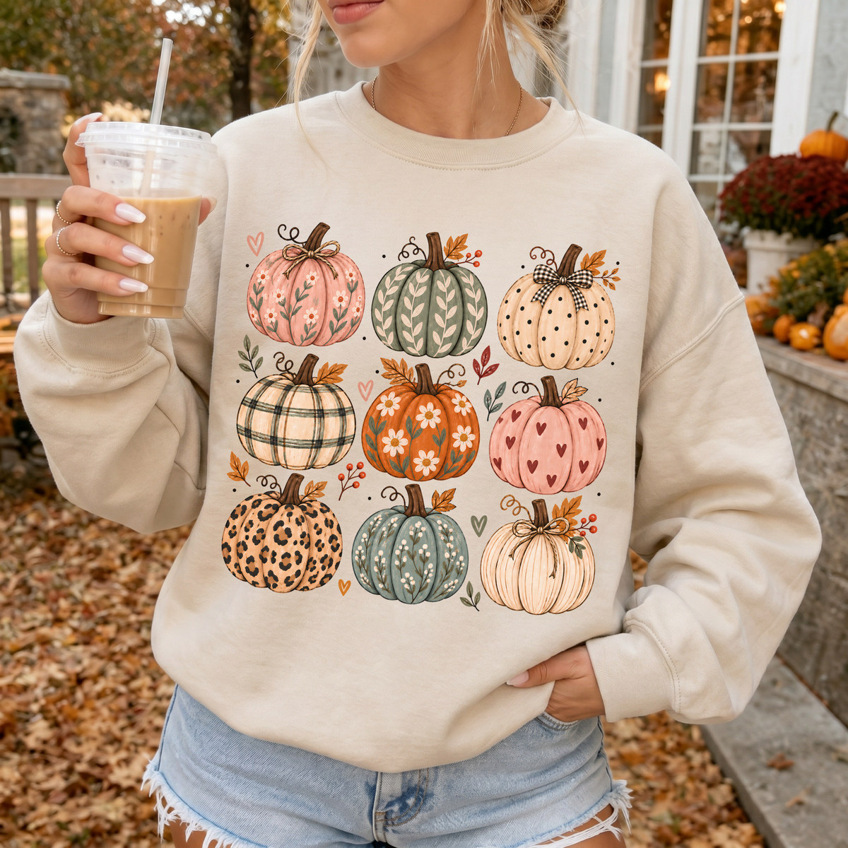 Woman wearing Cozy Pumpkins Fall Crewneck Sweatshirt in Sand