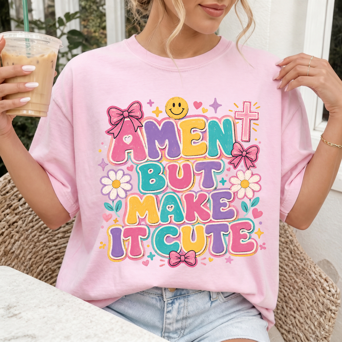 Woman wearing Amen But Make It Cute Christian Comfort Colors T-Shirt in Blossom