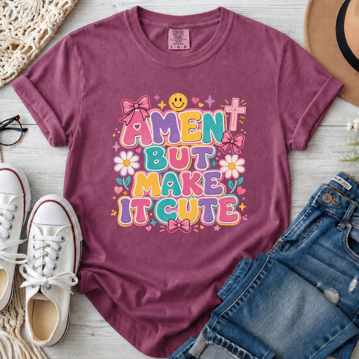 Amen But Make It Cute Christian Comfort Colors T-Shirt in Berry