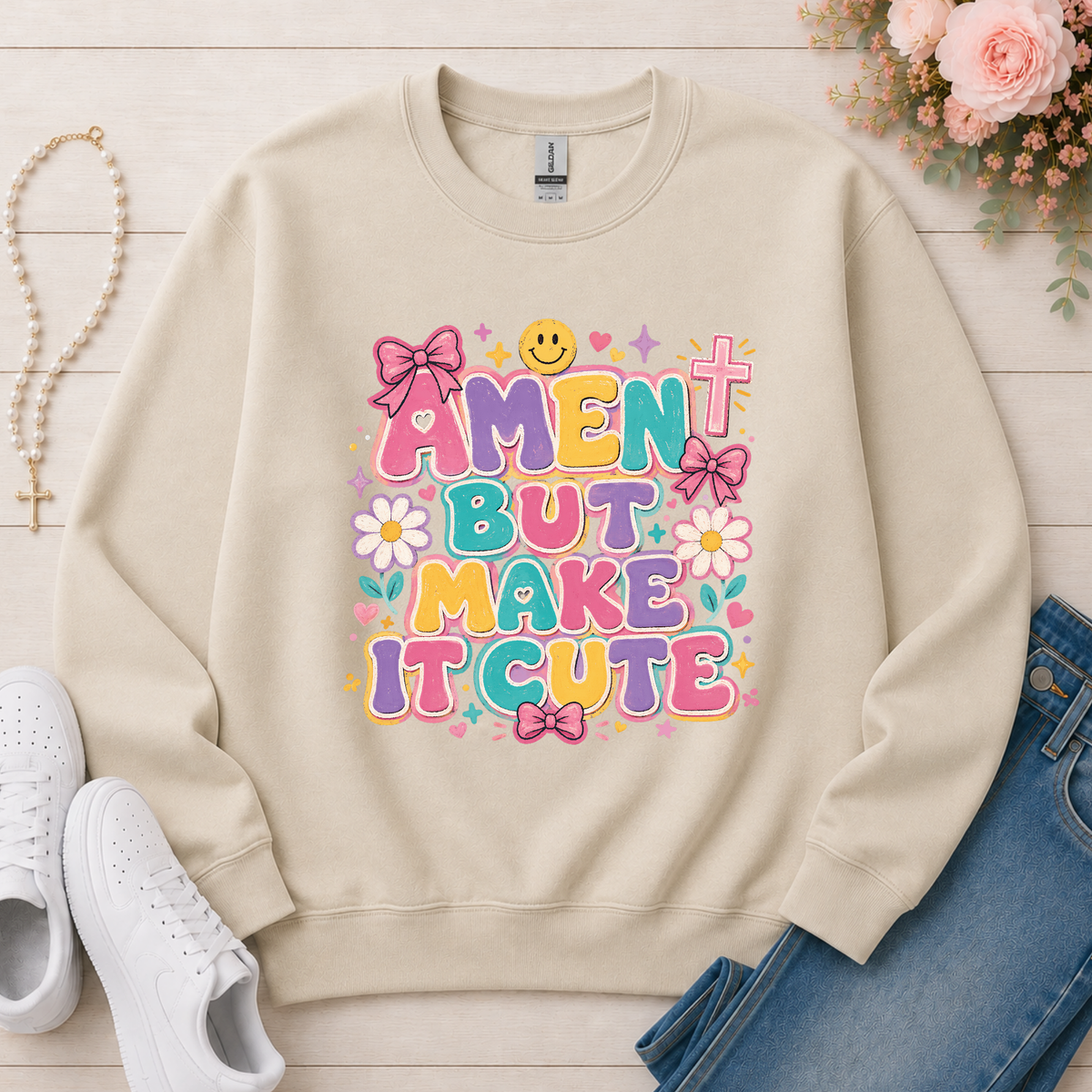 Amen But Make It Cute Christian Crewneck Sweatshirt in Sand