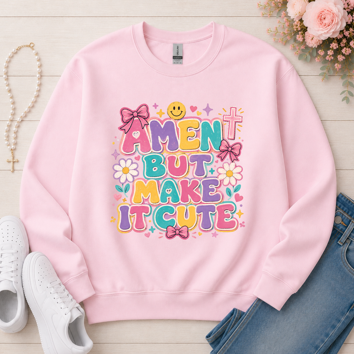 Amen But Make It Cute Christian Crewneck Sweatshirt in Light Pink