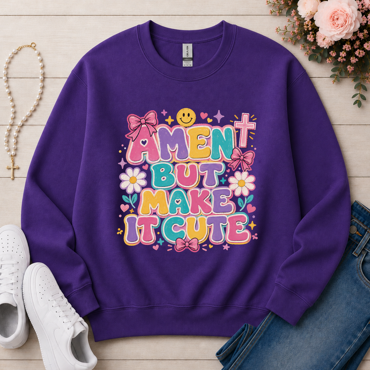 Amen But Make It Cute Christian Crewneck Sweatshirt in Purple