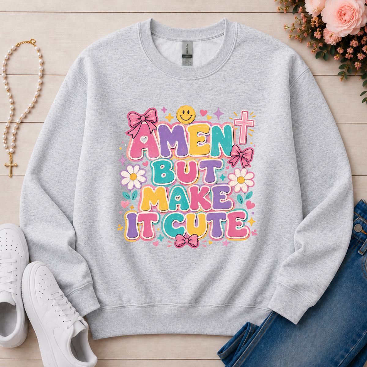 Amen But Make It Cute Christian Crewneck Sweatshirt in Ash