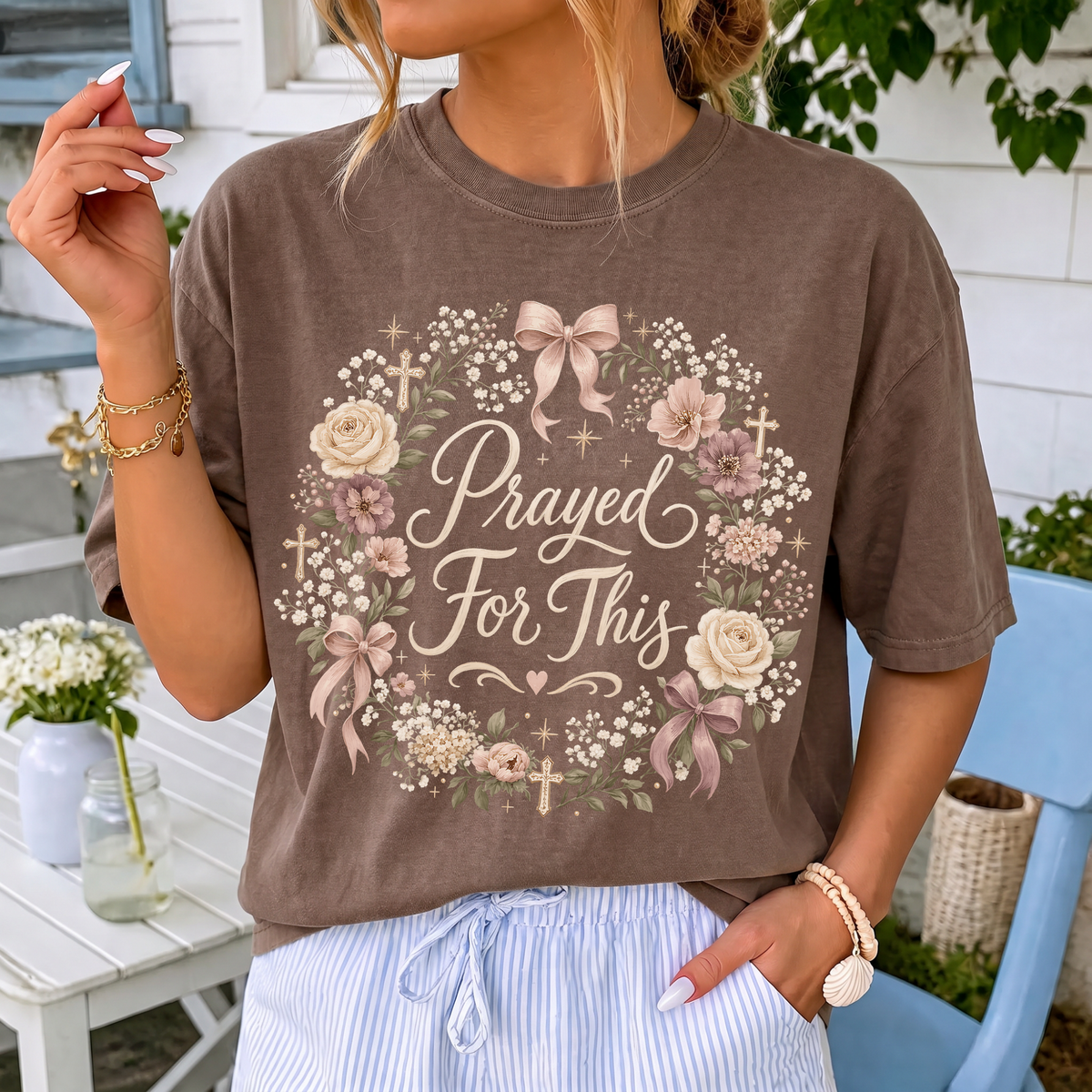 Woman wearing Prayed For This Christian Comfort Colors T-Shirt in Espresso