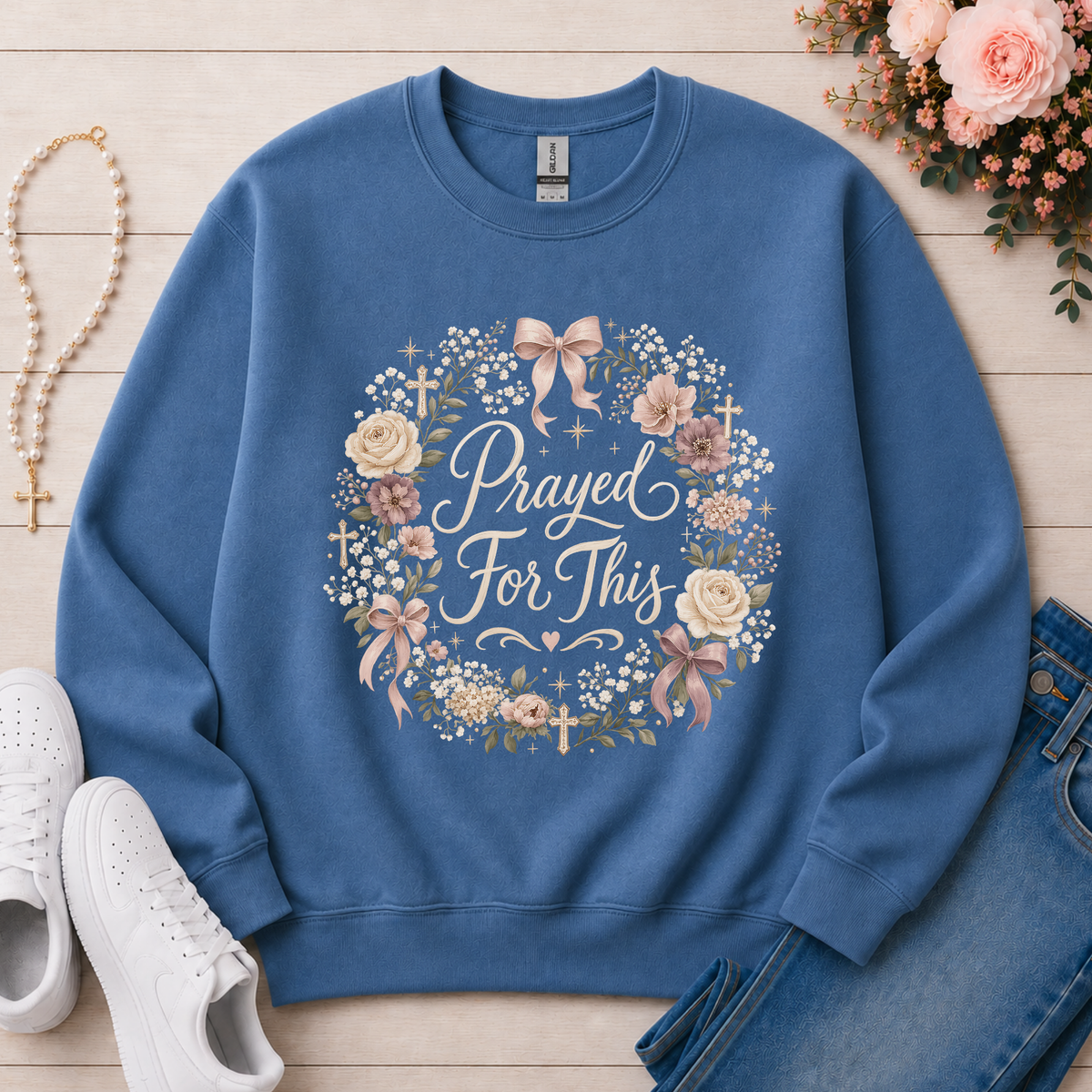 Prayed For This Christian Crewneck Sweatshirt in Indigo Blue