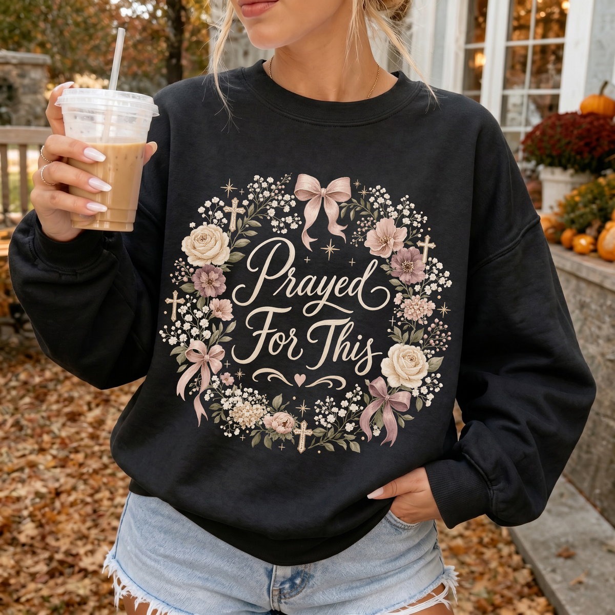 Woman wearing Prayed For This Christian Crewneck Sweatshirt in Black
