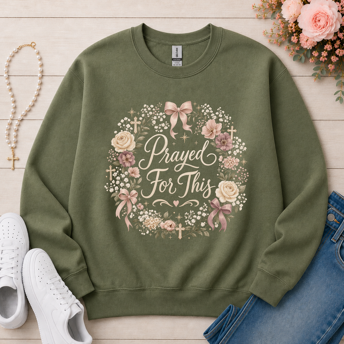 Prayed For This Christian Crewneck Sweatshirt in Military Green