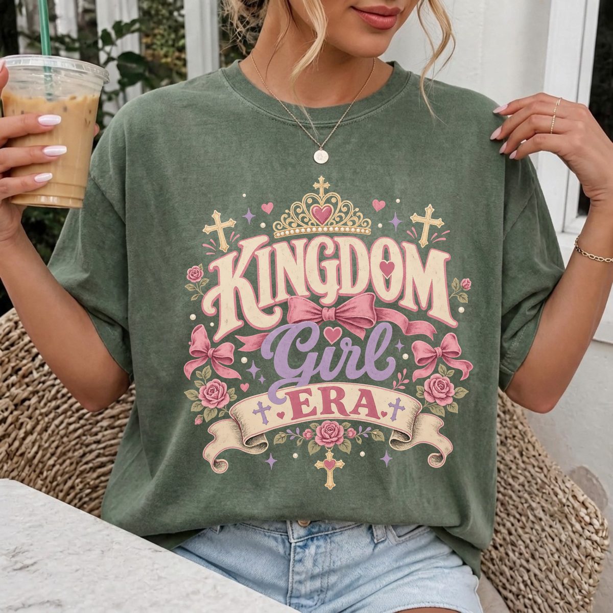 Woman wearing Kingdom Girl Era Christian Comfort Colors T-Shirt in Moss
