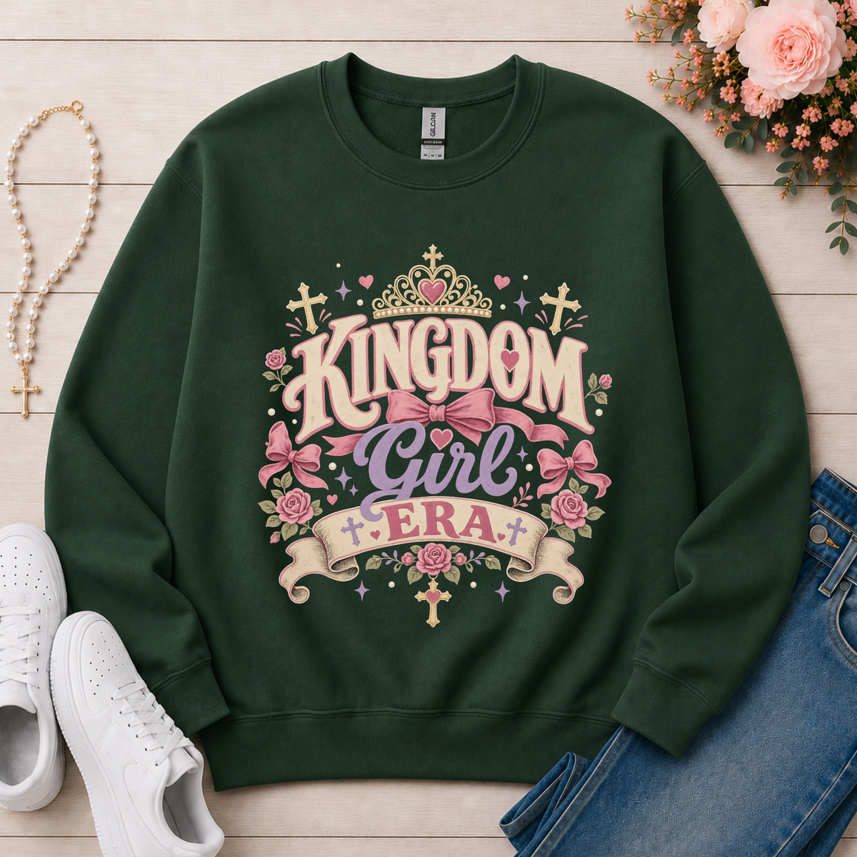 Kingdom Girl Era Christian Crewneck Sweatshirt in Forest Green