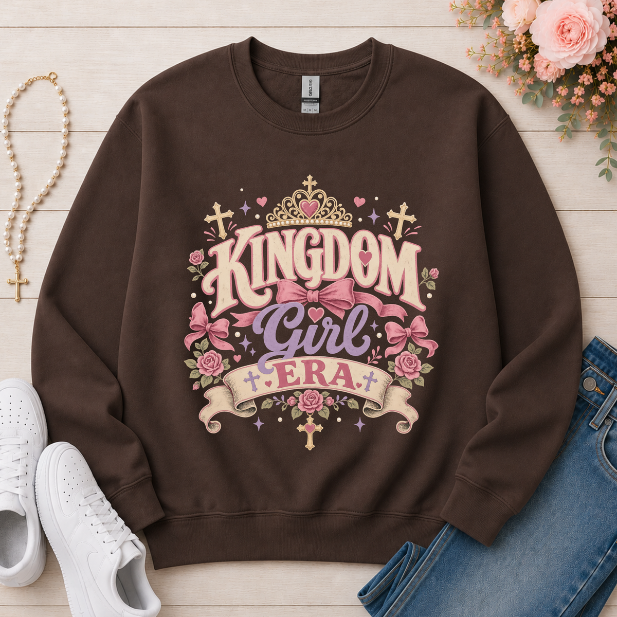 Kingdom Girl Era Christian Crewneck Sweatshirt in Dark Chocolate