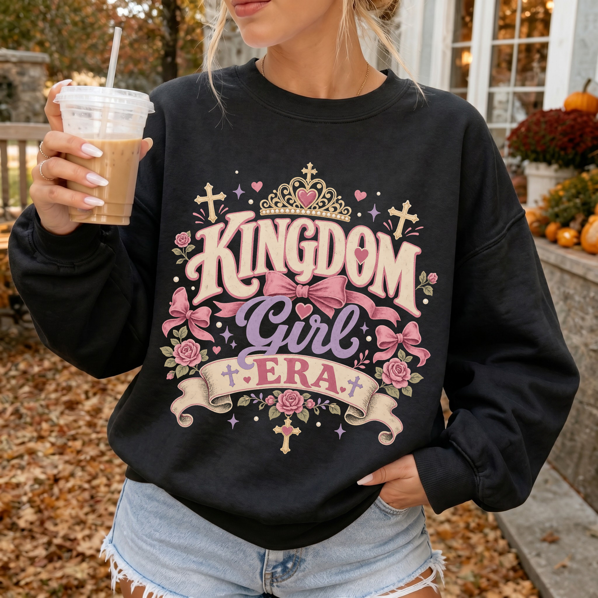 Woman wearing Kingdom Girl Era Christian Crewneck Sweatshirt in Black