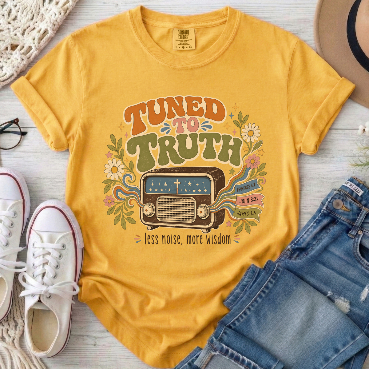 Tuned to Truth Christian Comfort Colors T-Shirt in Mustard