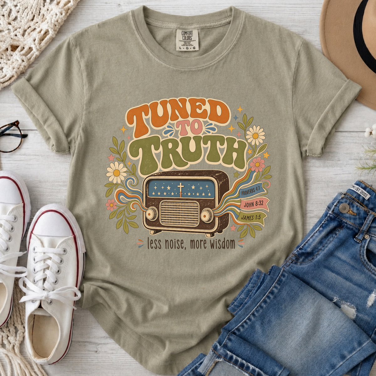 Tuned to Truth Christian Comfort Colors T-Shirt in Khaki