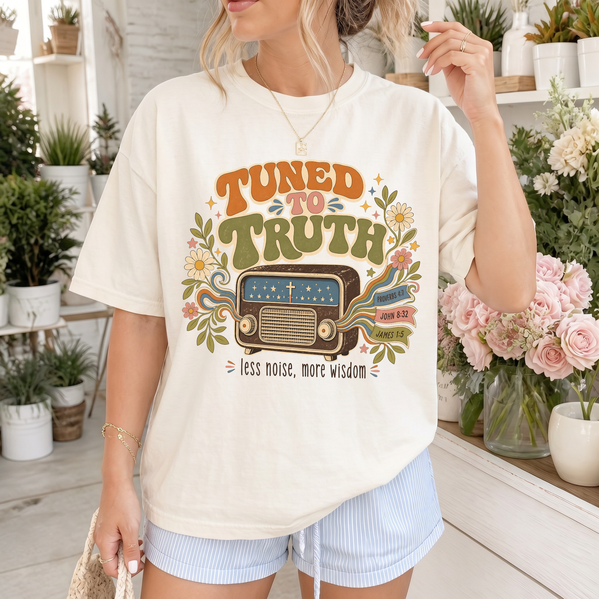 Woman wearing Tuned to Truth Christian Comfort Colors T-Shirt in Ivory