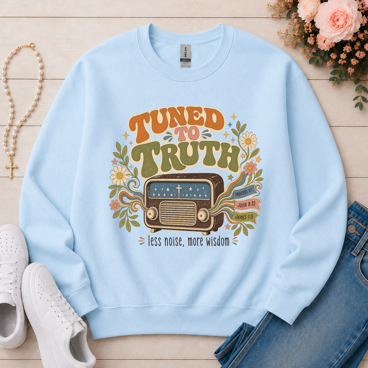 Tuned to Truth Christian Crewneck Sweatshirt in Light Blue