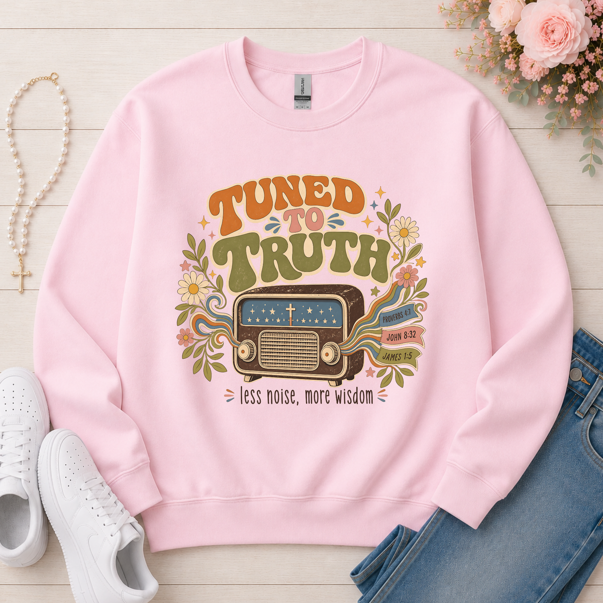 Tuned to Truth Christian Crewneck Sweatshirt in Light Pink