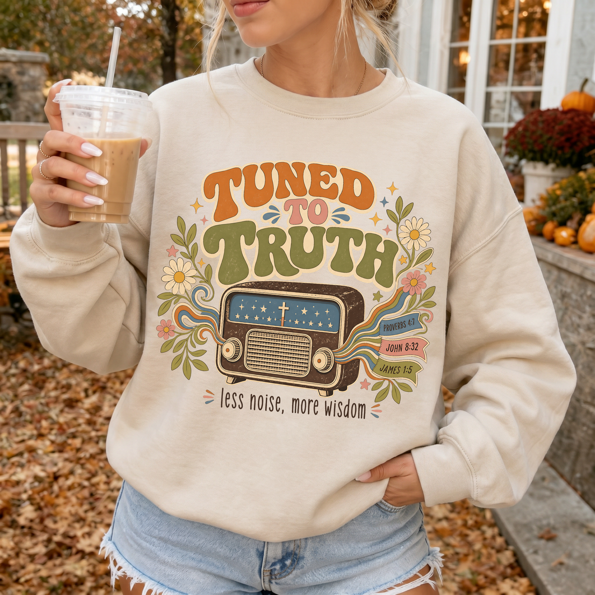 Woman wearing Tuned to Truth Christian Crewneck Sweatshirt in Sand
