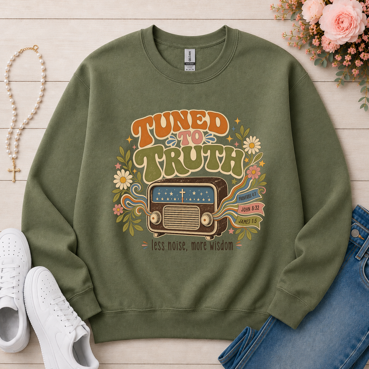 Tuned to Truth Christian Crewneck Sweatshirt in Military Green
