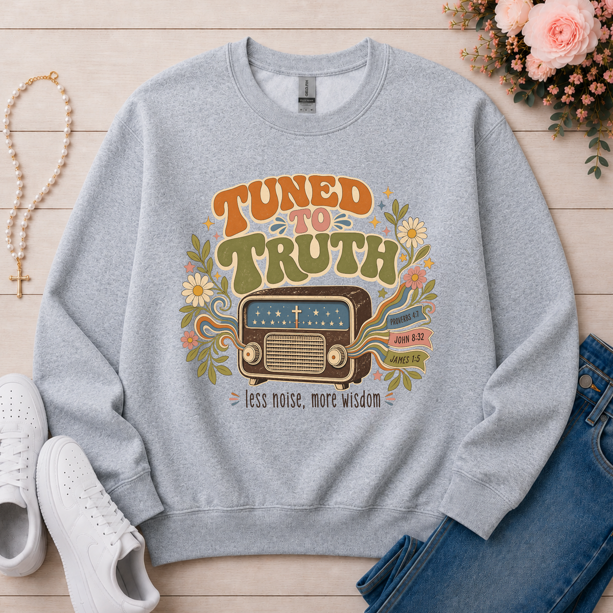 Tuned to Truth Christian Crewneck Sweatshirt in Sport Grey