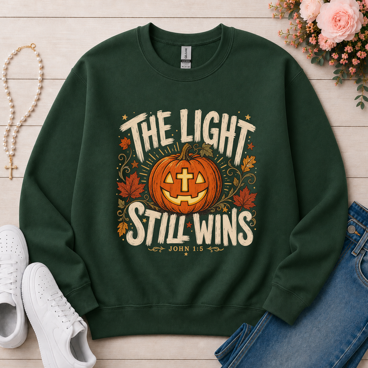 The Light Still Wins Christian Crewneck Sweatshirt in Forest Green