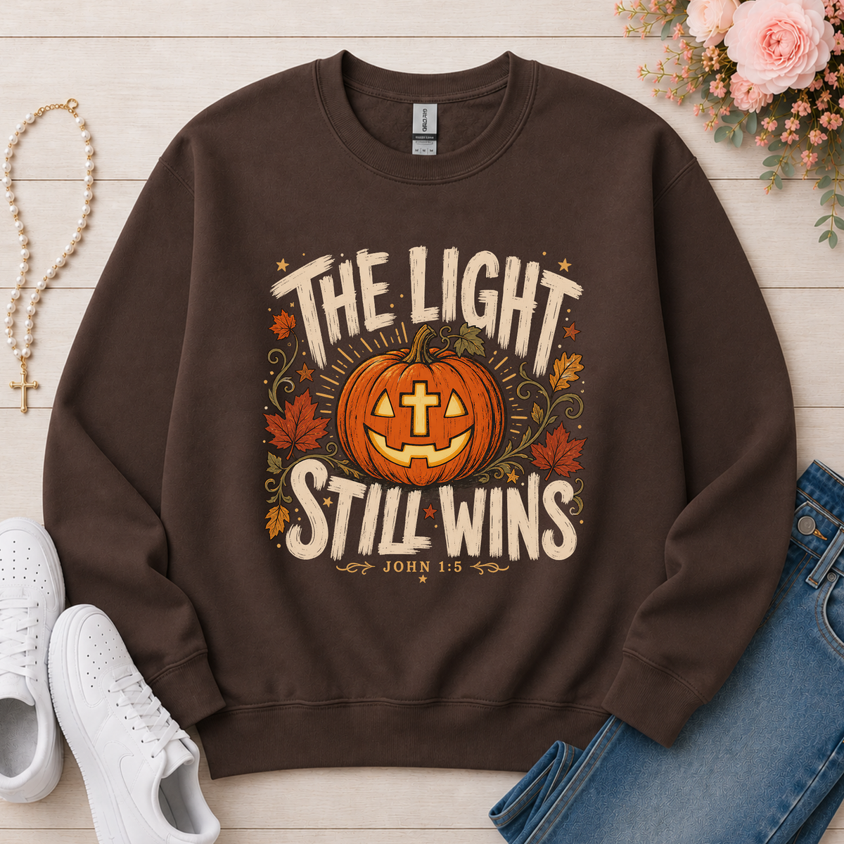 The Light Still Wins Christian Crewneck Sweatshirt in Dark Chocolate