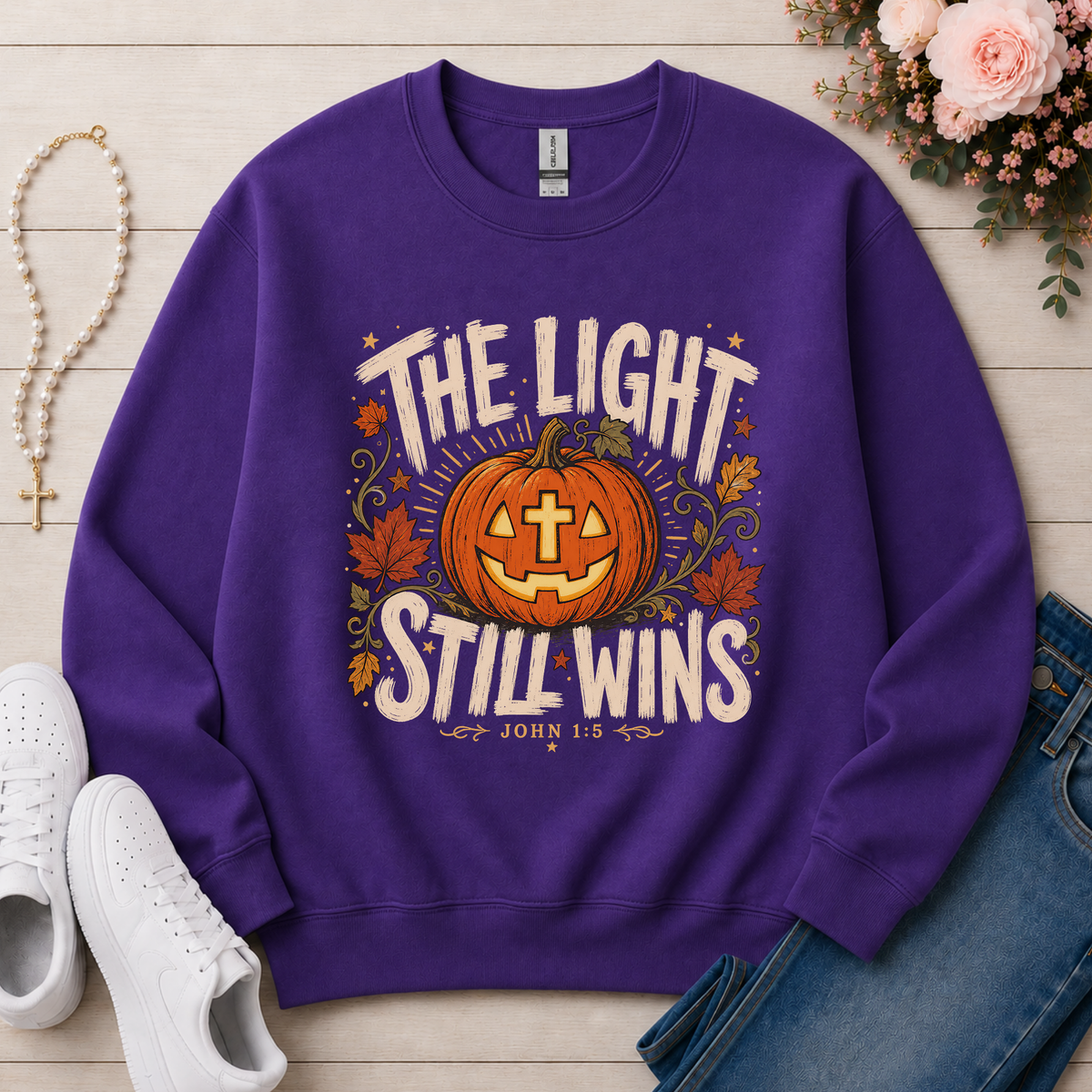 The Light Still Wins Christian Crewneck Sweatshirt in Purple