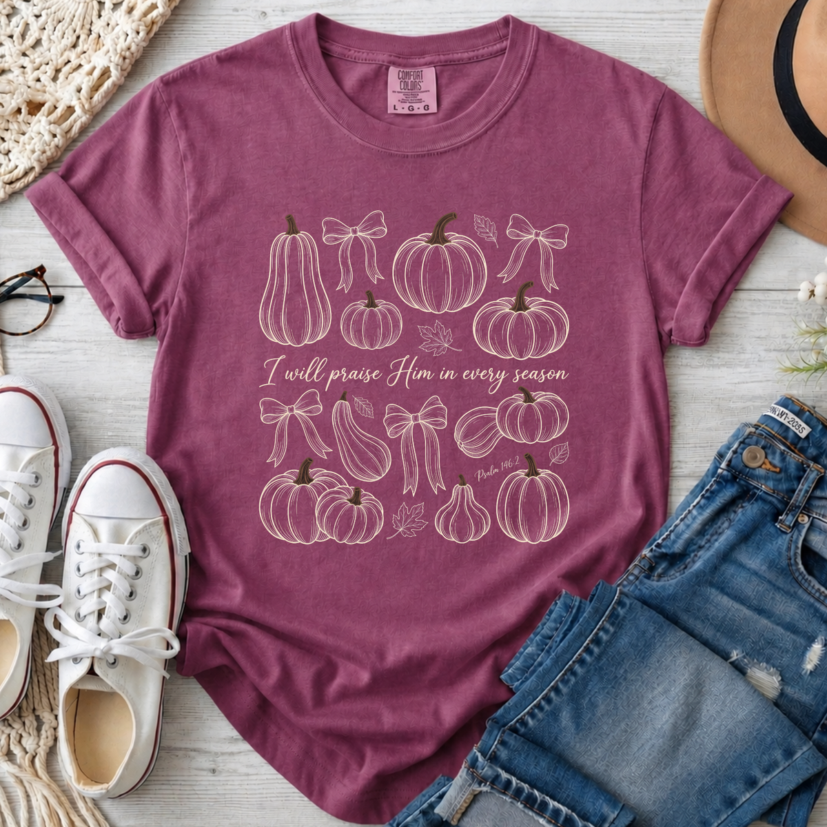 I Will Praise Him in Every Season Christian Comfort Colors T-Shirt in Berry