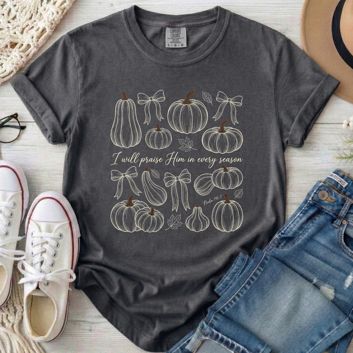 I Will Praise Him in Every Season Christian Comfort Colors T-Shirt in Pepper