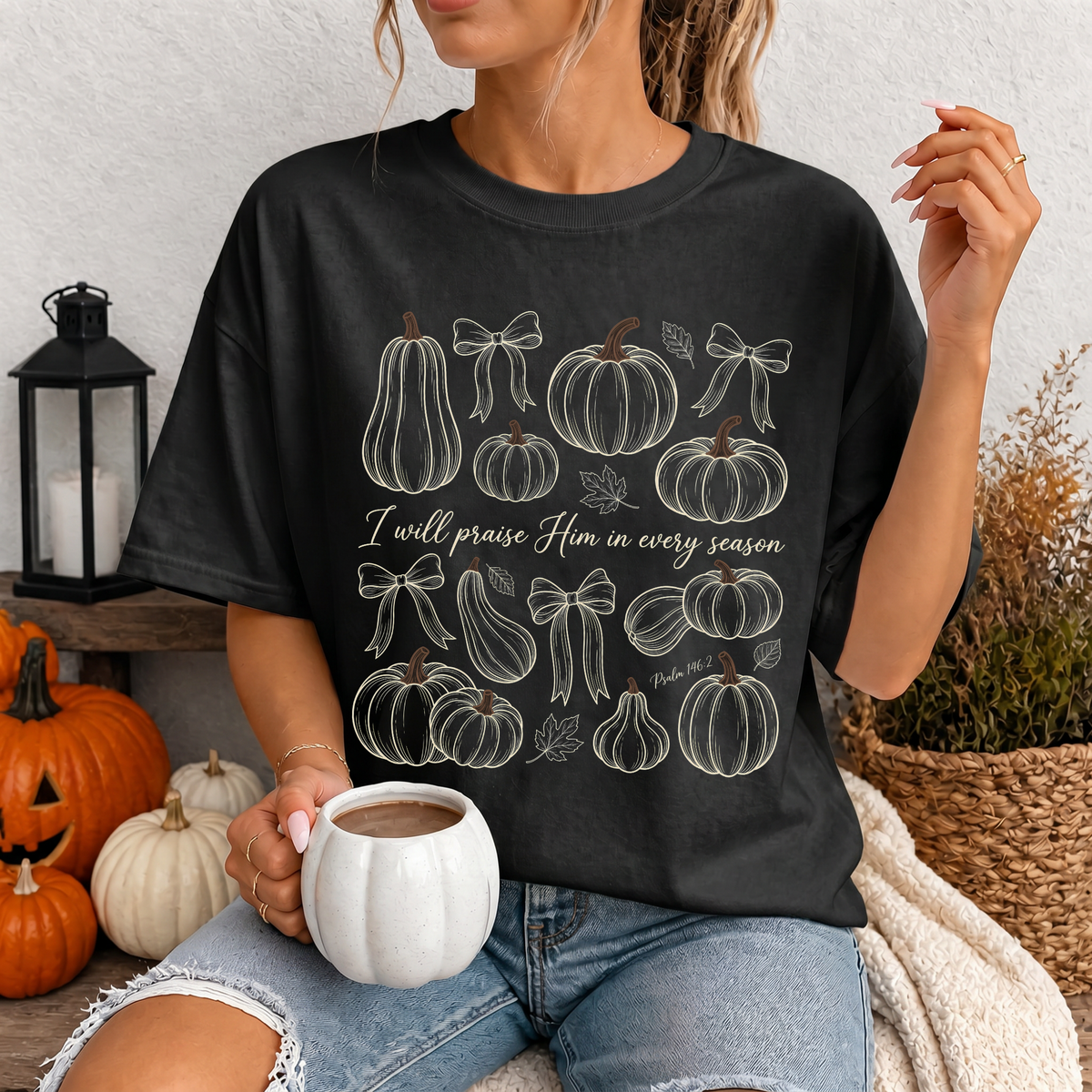 Woman wearing I Will Praise Him in Every Season Christian Comfort Colors T-Shirt in Black
