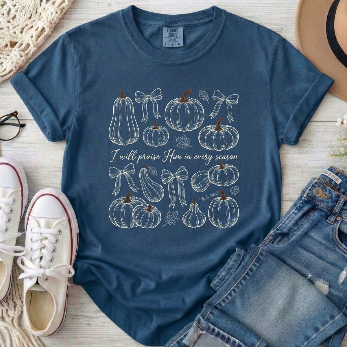 I Will Praise Him in Every Season Christian Comfort Colors T-Shirt in Midnight