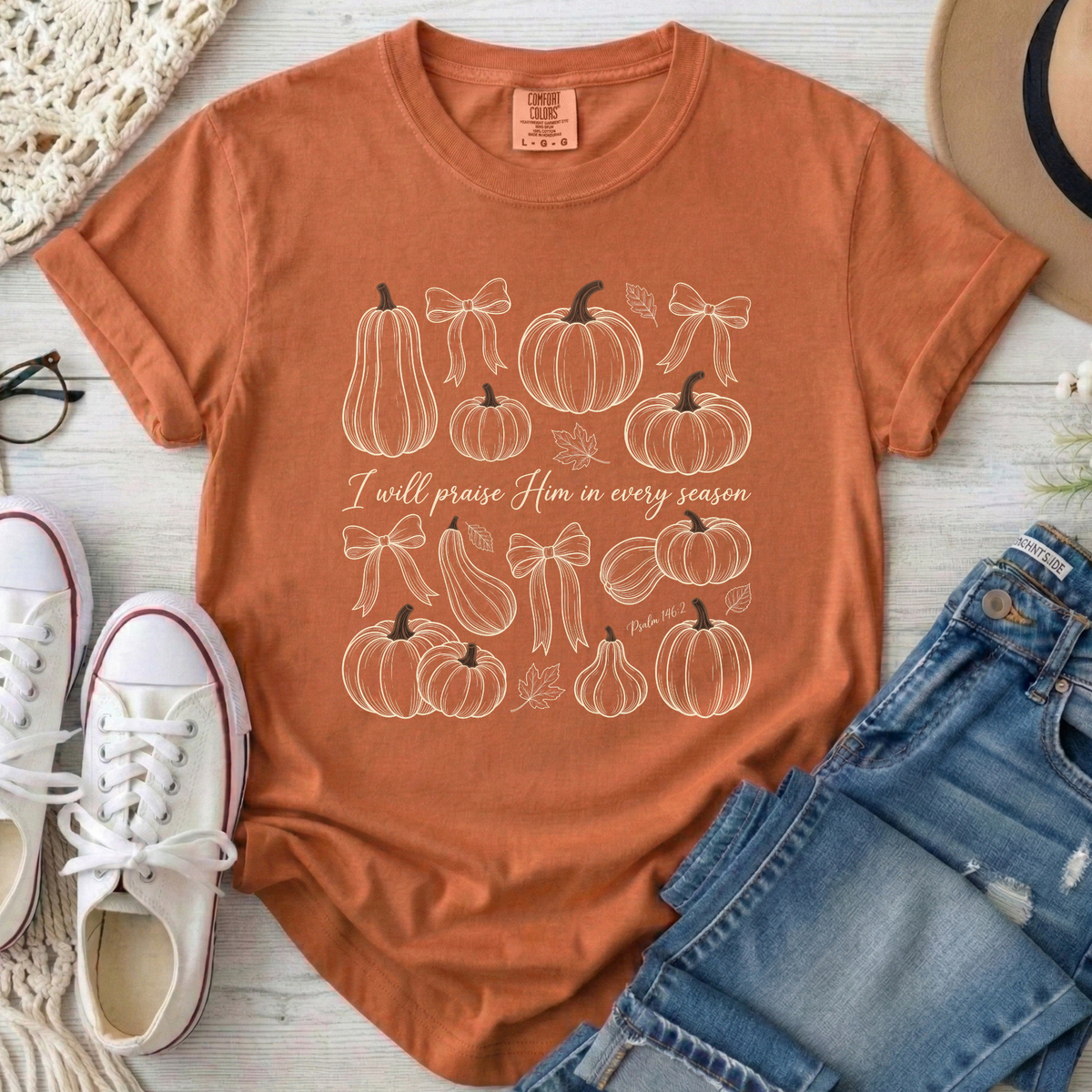 I Will Praise Him in Every Season Christian Comfort Colors T-Shirt in Yam