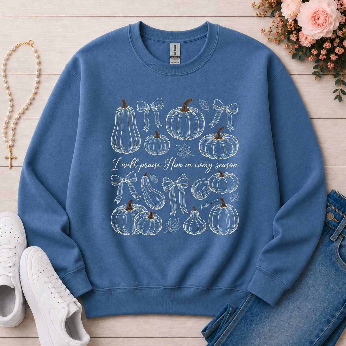 I Will Praise Him in Every Season Christian Crewneck Sweatshirt in Indigo Blue