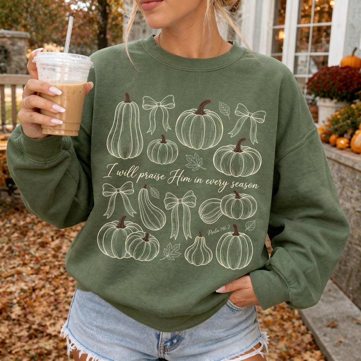 Woman wearing I Will Praise Him in Every Season Christian Crewneck Sweatshirt in Military Green