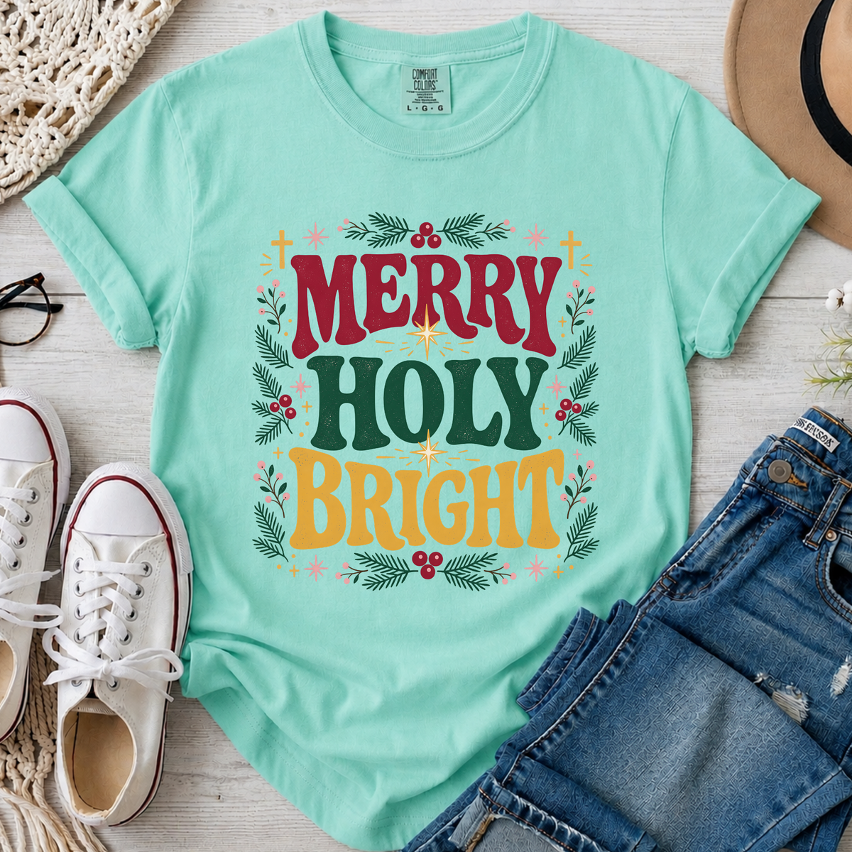 Merry Holy Bright Christian Comfort Colors T-Shirt in Island Reef