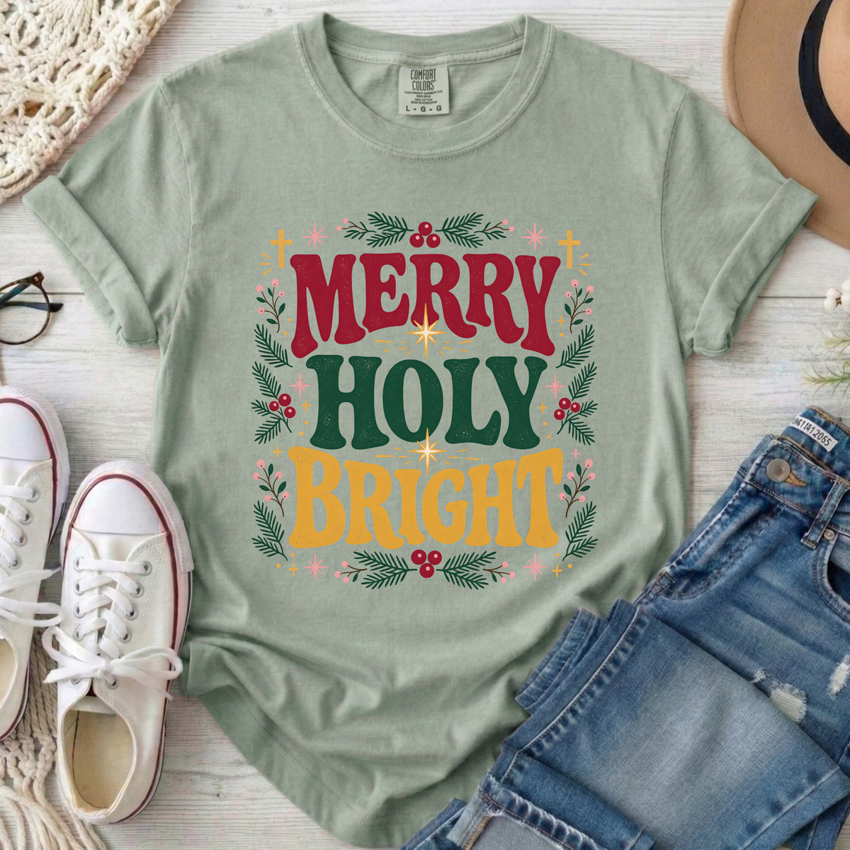 Merry Holy Bright Christian Comfort Colors T-Shirt in Bay