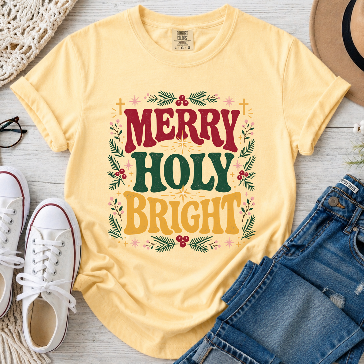 Merry Holy Bright Christian Comfort Colors T-Shirt in Butter