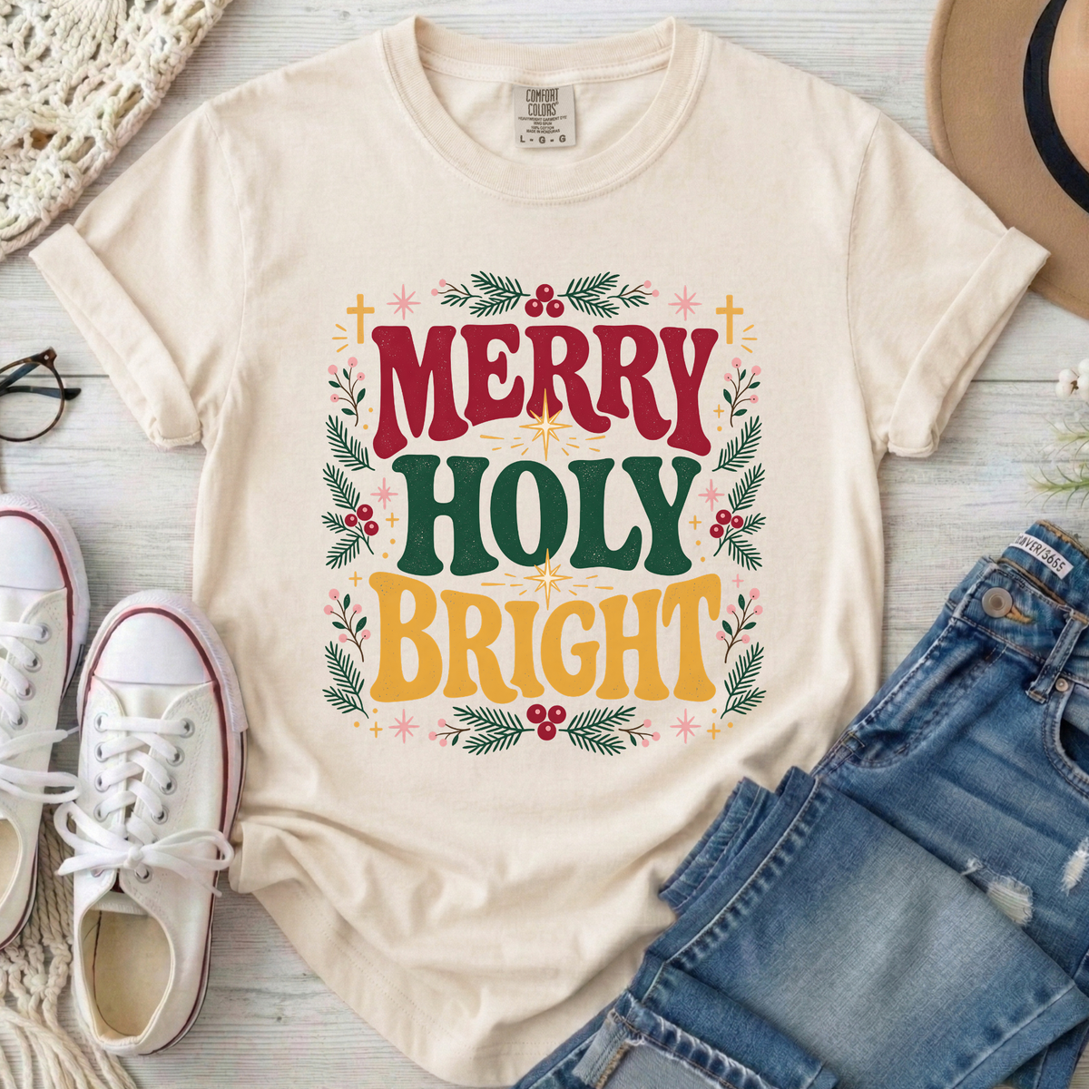 Merry Holy Bright Christian Comfort Colors T-Shirt in Ivory