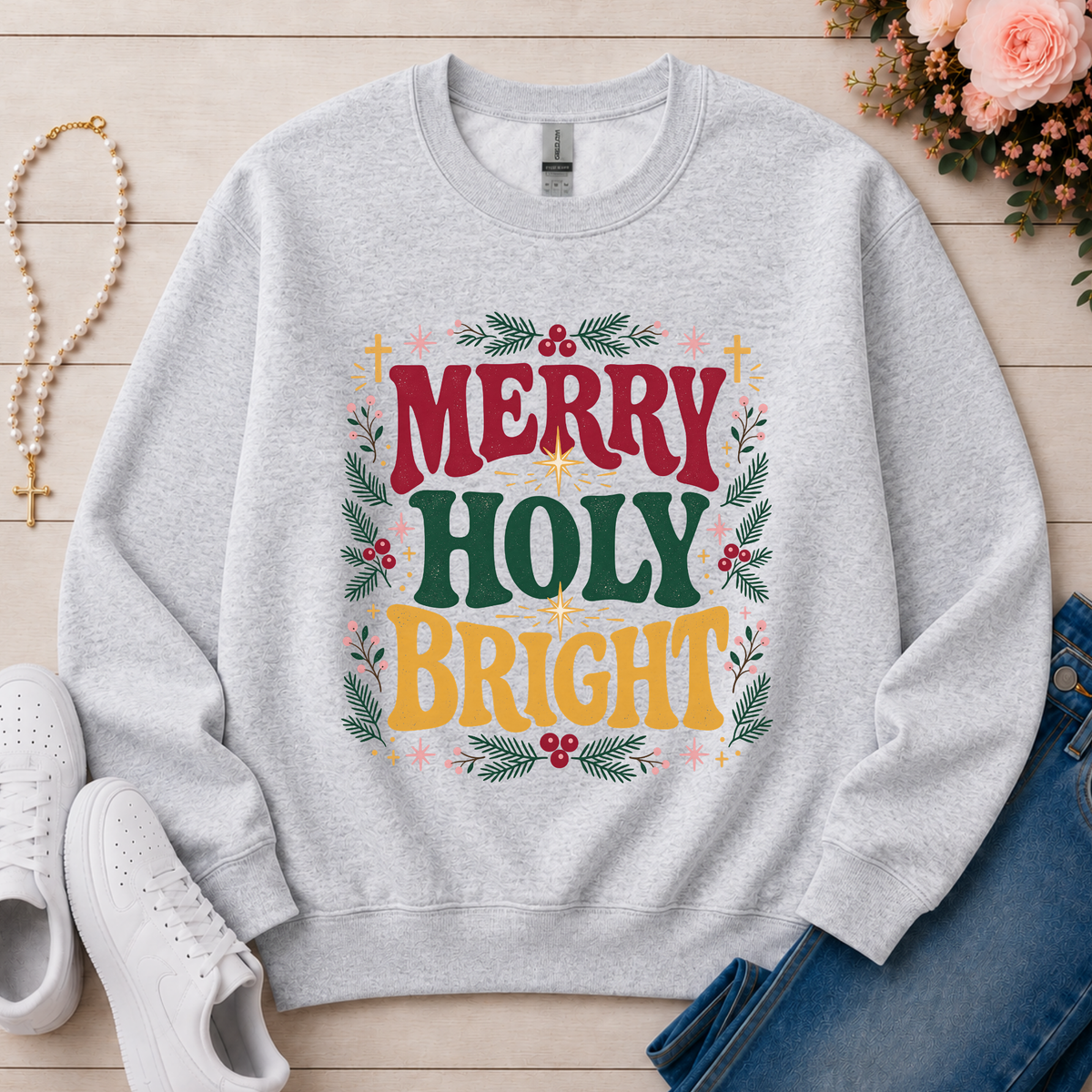 Merry Holy Bright Christian Crewneck Sweatshirt in Ash