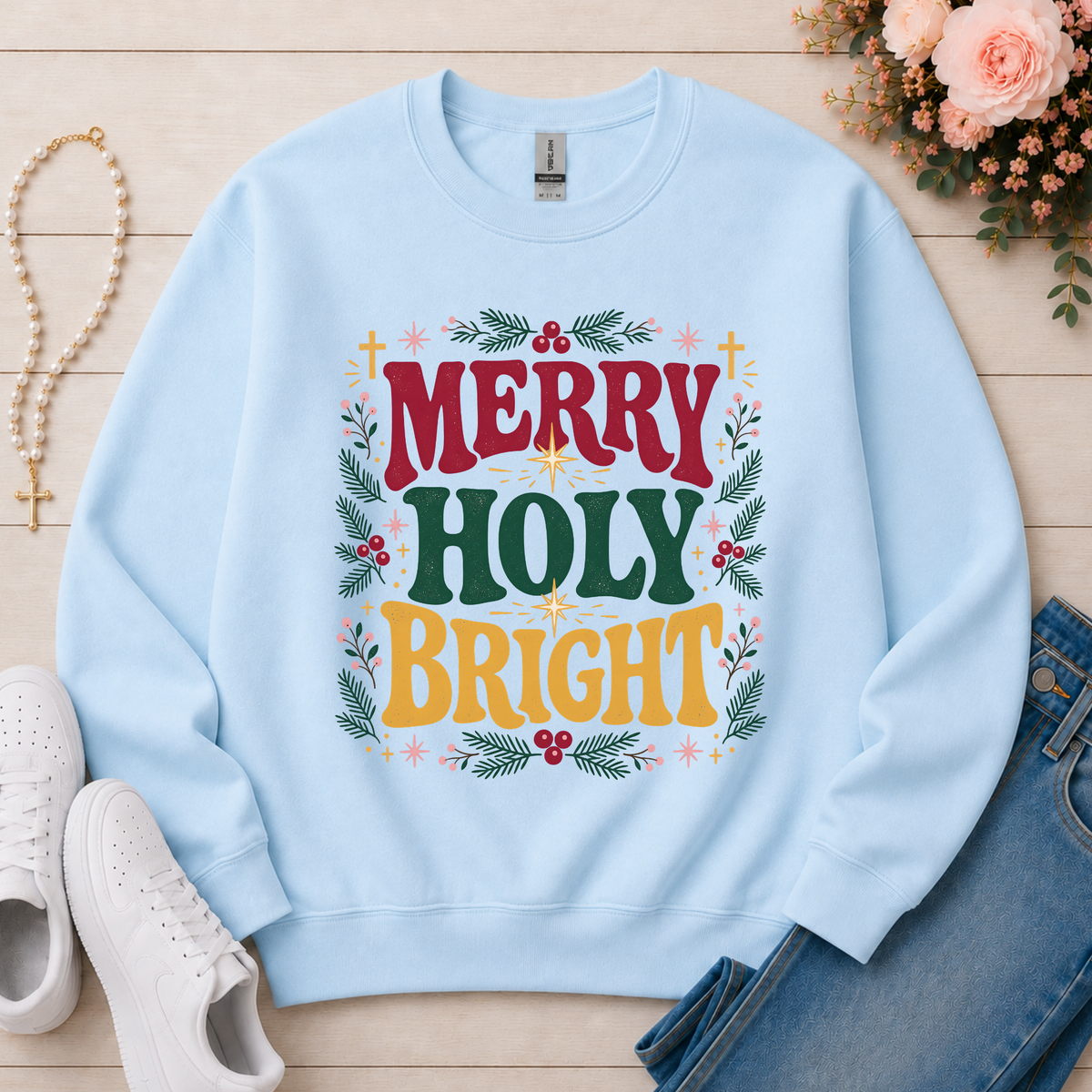 Merry Holy Bright Christian Crewneck Sweatshirt in Light Blue