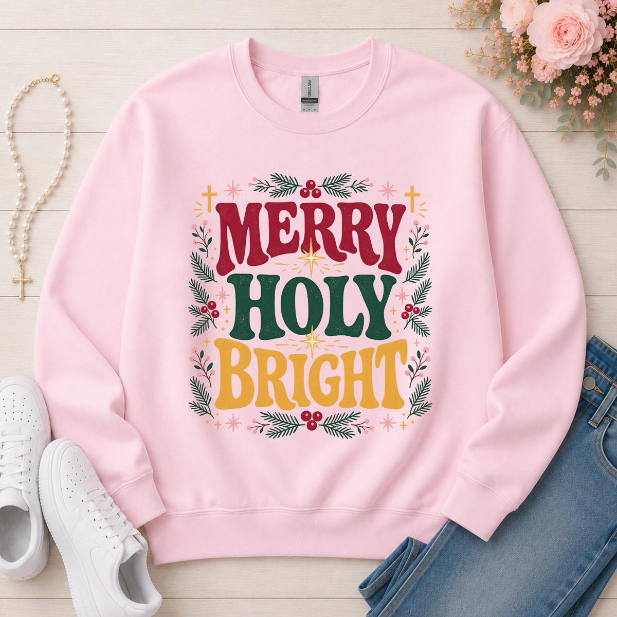 Merry Holy Bright Christian Crewneck Sweatshirt in Light Pink