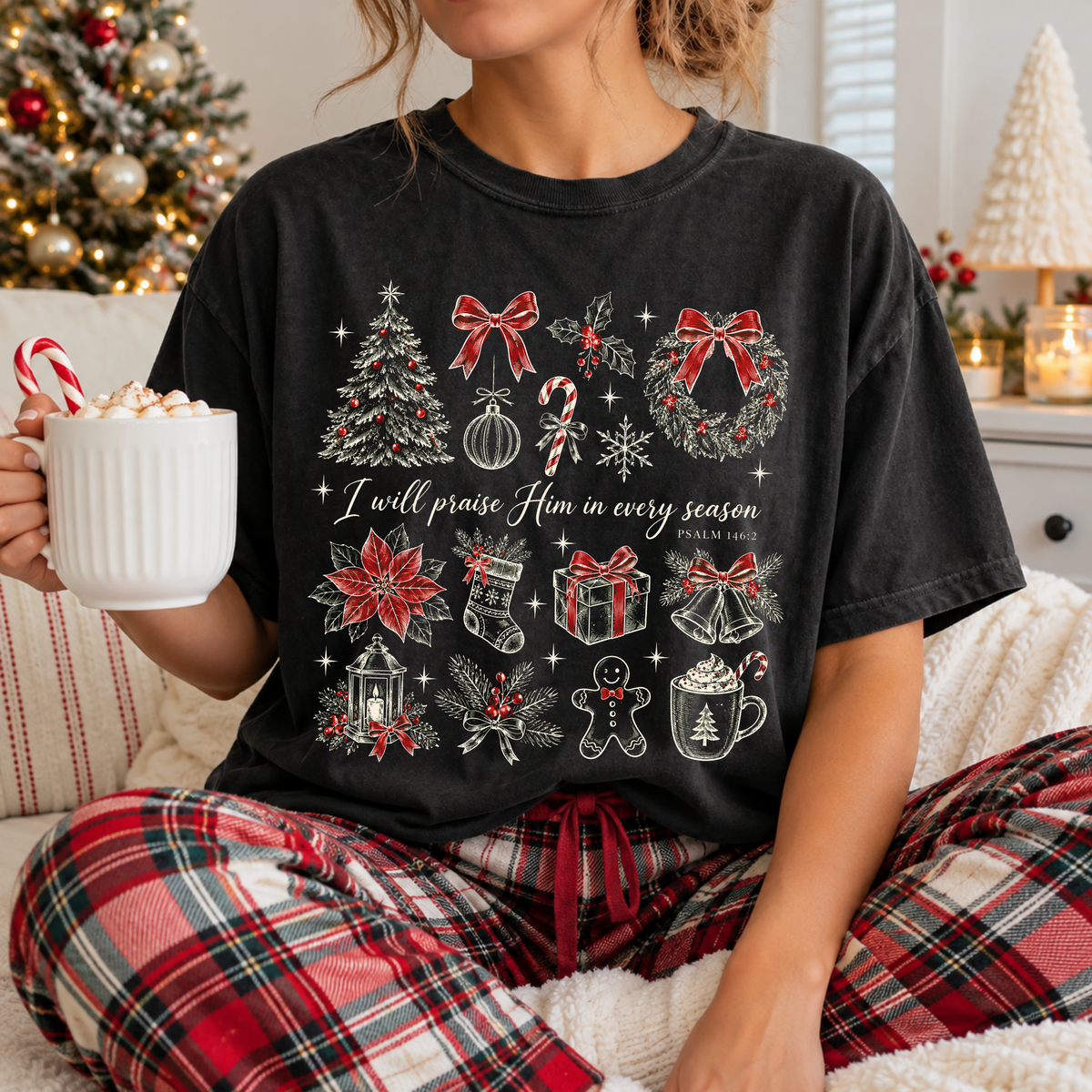 Woman wearing I Will Praise Him in Every Season Christmas Christian Comfort Colors T-Shirt in Black