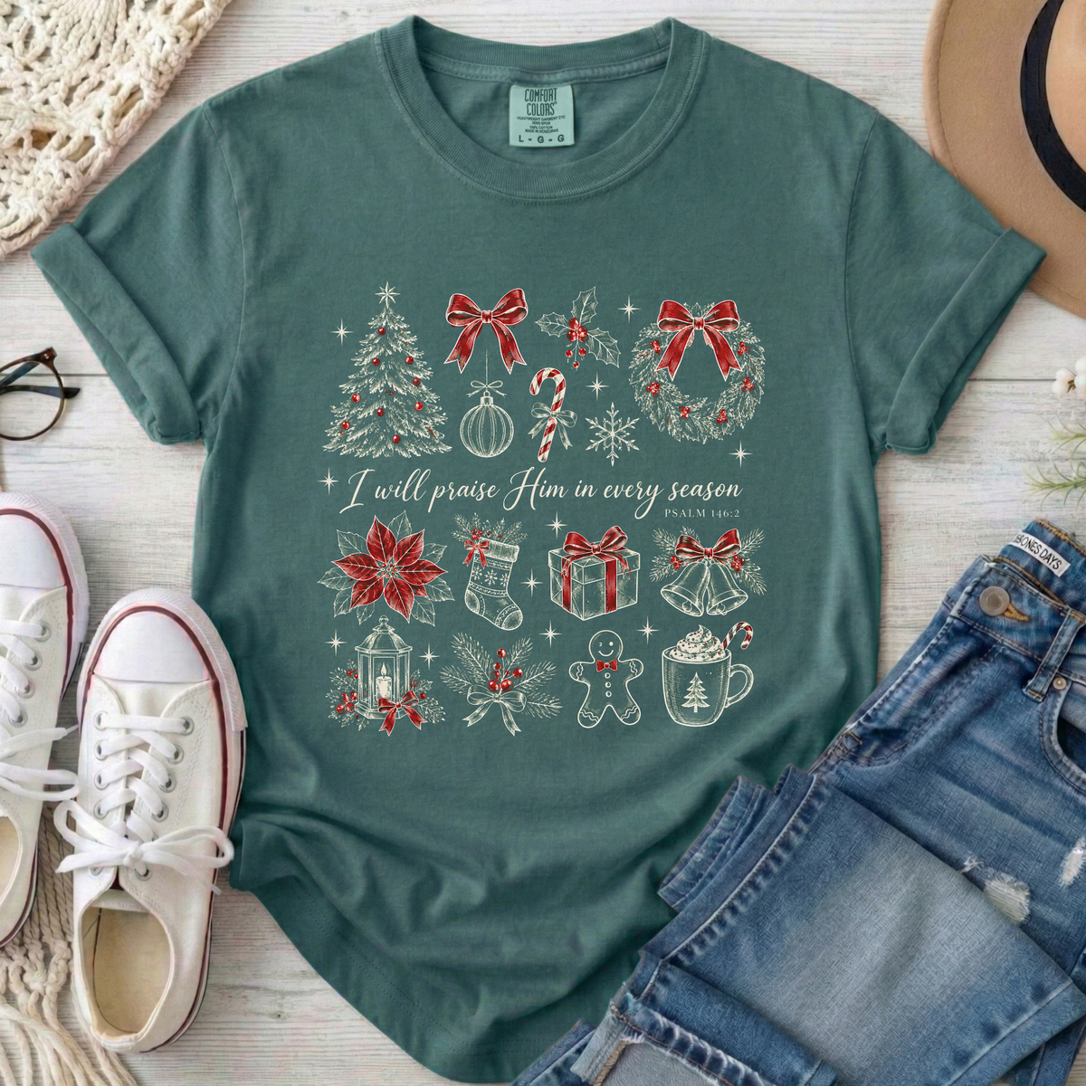 I Will Praise Him in Every Season Christmas Christian Comfort Colors T-Shirt in Blue Spruce